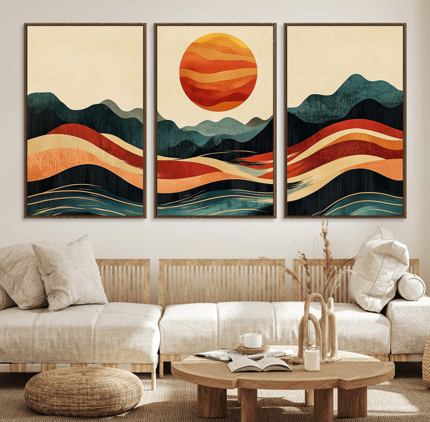 11087-MGV-FC-60X30-3P_Walnut-Mountain Triptych Wall Art - Western Nature Prints - Framed Boho Pine Tree Canvas for Log Cabin or