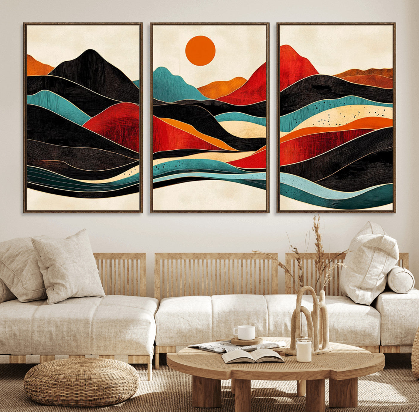 29227-MGV-FC-60X30-3P_Walnut-Western Wall Decor - Large Triptych Mountain Canvas - Boho Woodland Wall Art Print - Framed