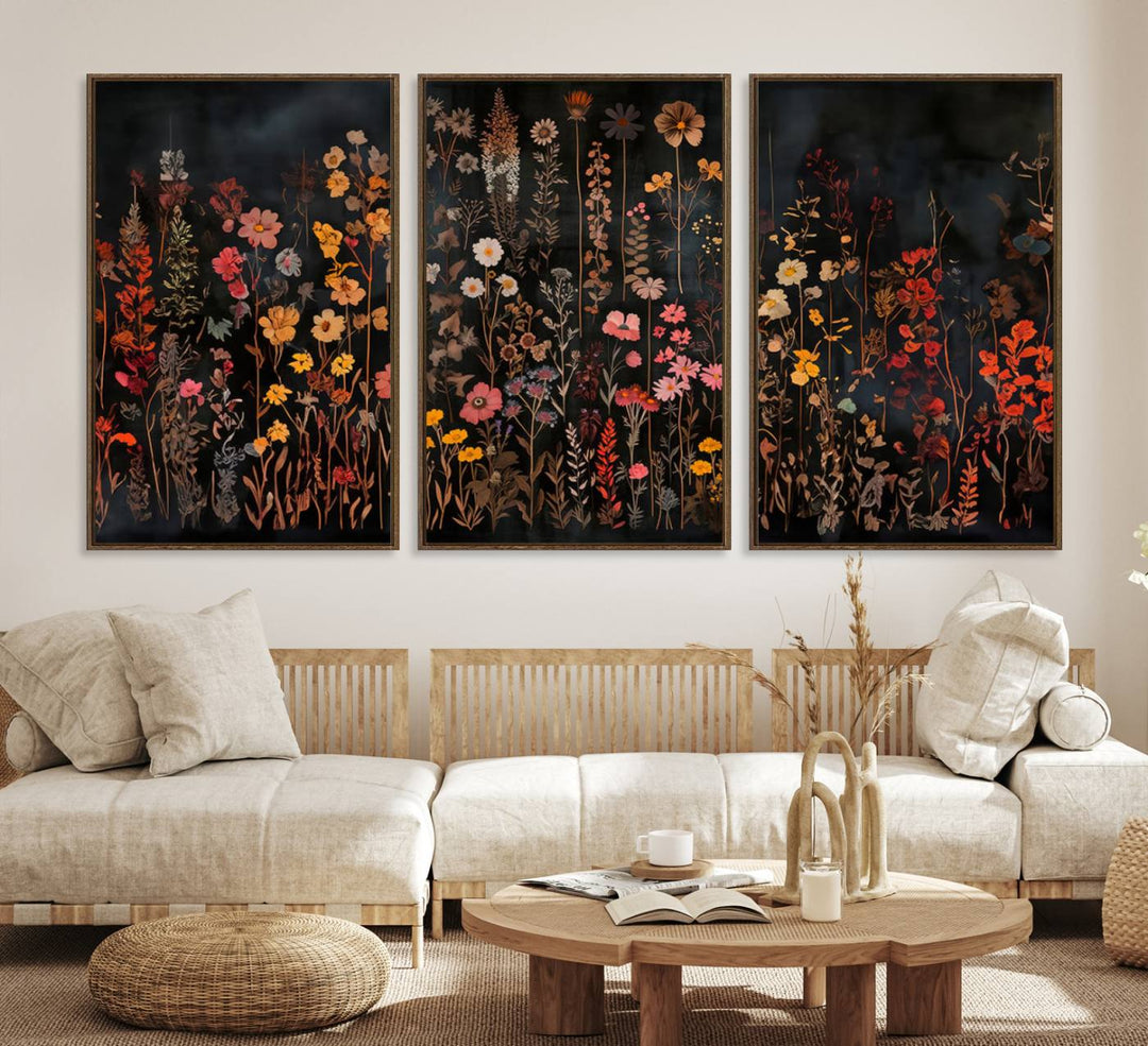 The Dark Floral Canvas Wall Art features colorful wildflowers set against a dark background, offering a rustic horizontal floral design.