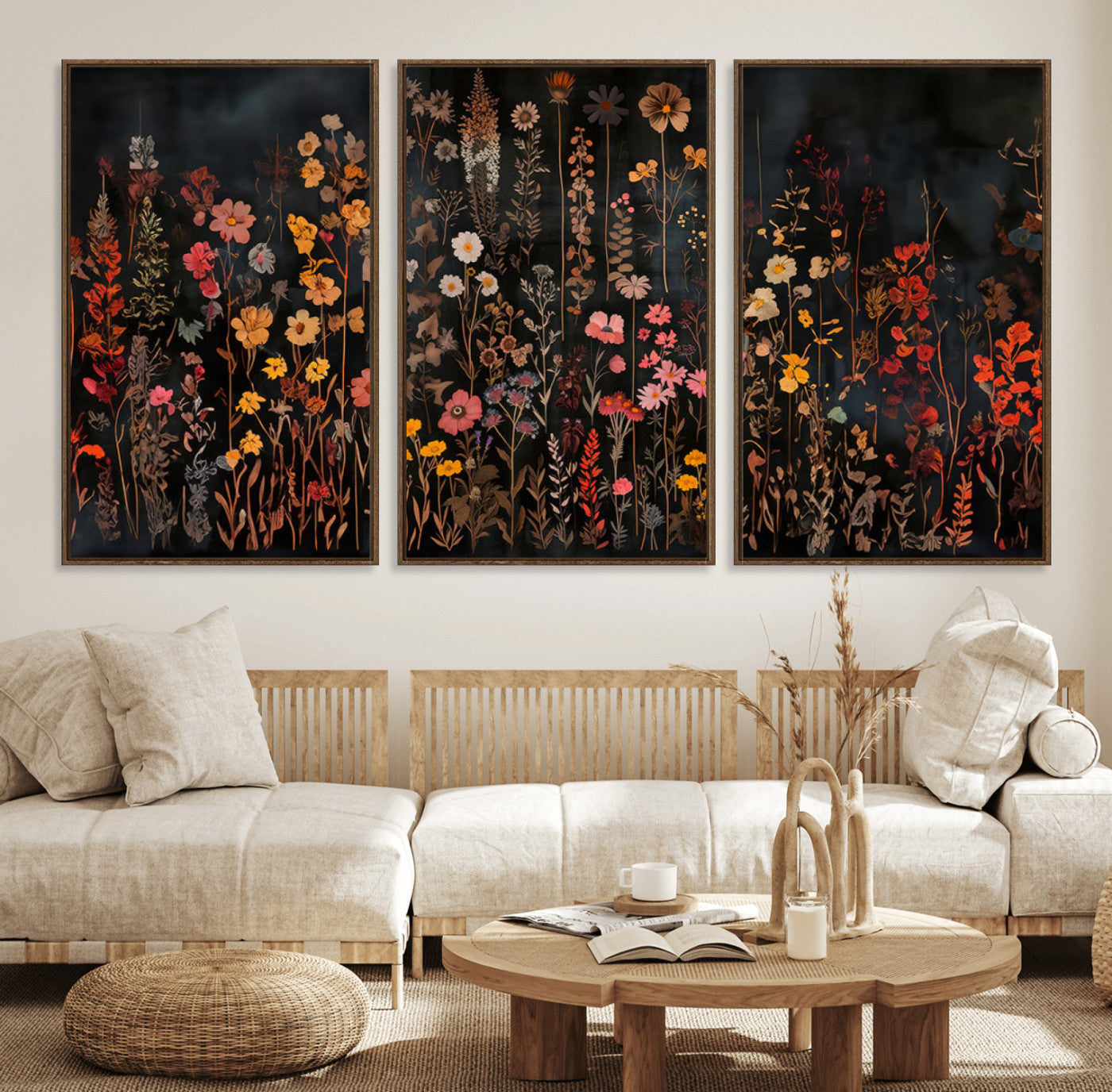 MGV-FC-60X30-3P - Dark Floral Canvas Wall Art - Moody Botanical Flower Print - Rustic Floral Wall Decor for Home -