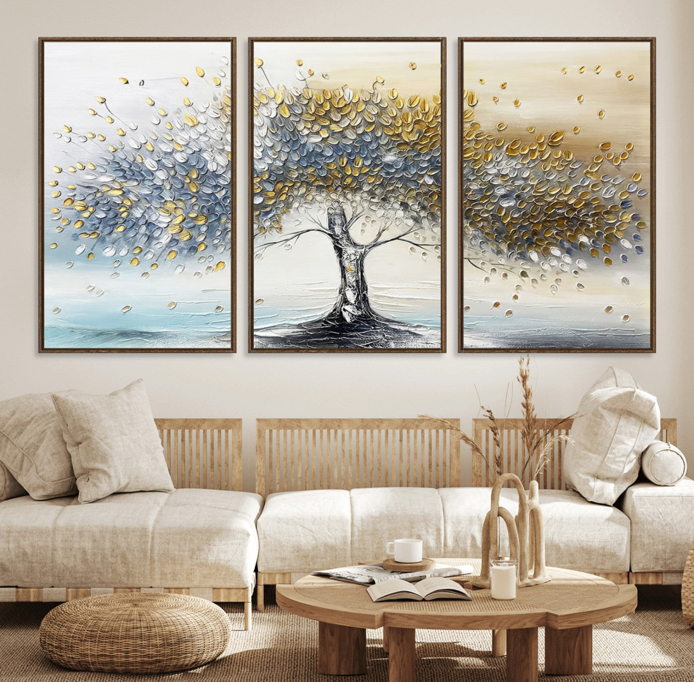 An elegant impasto painting featuring a tree with shimmering silver and gold leaves, blending soft pastels to create a calm and sophisticated atmosphere.