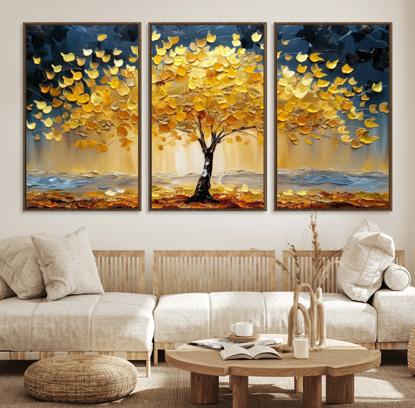 A stunning impasto painting captures the golden hues of autumn with a vibrant tree glowing against a dramatic blue and brown backdrop.