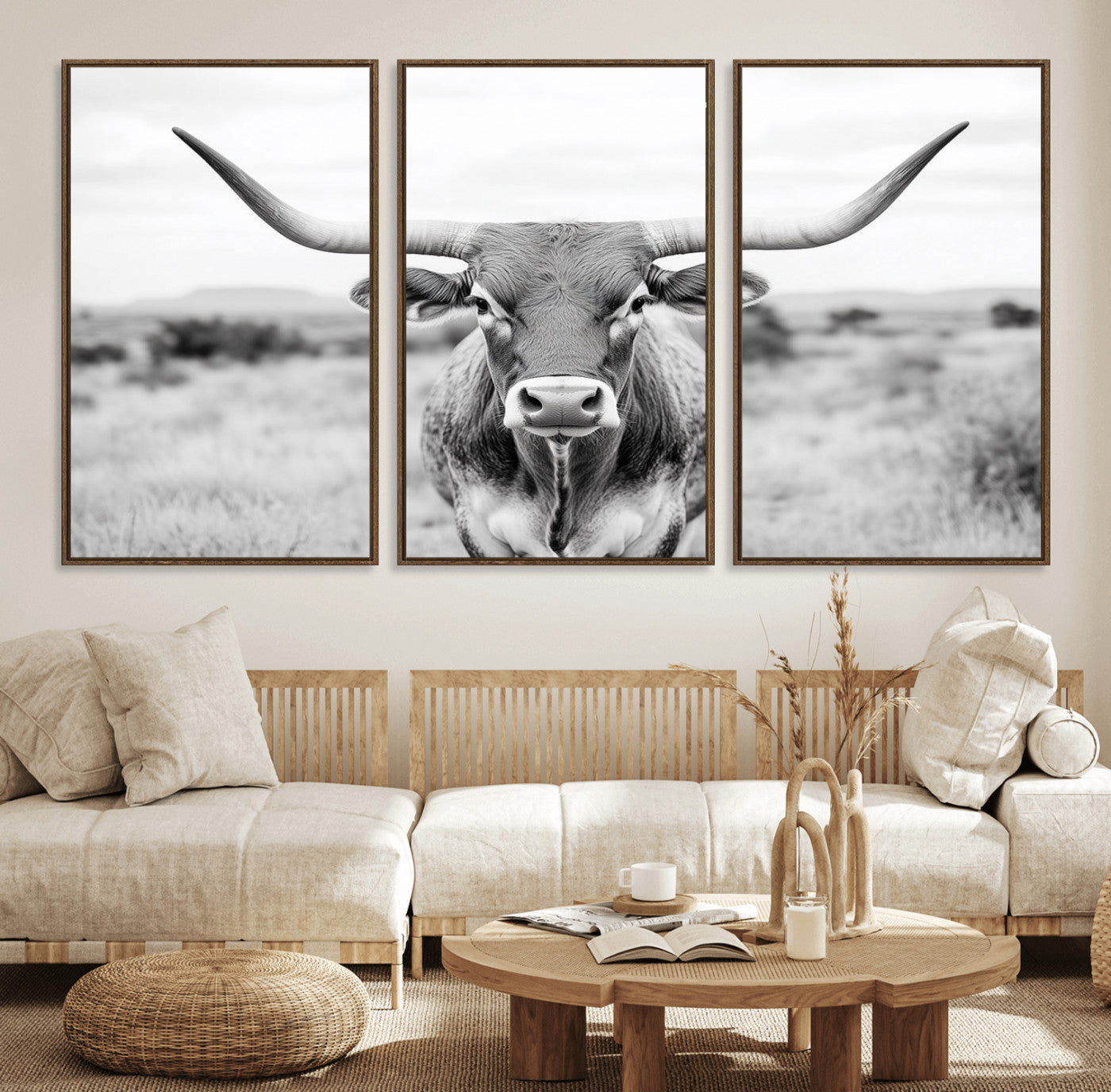 MGV-FC-60X30-3P - Highland Cow Wall Art Print - Black and White Texas Western Longhorn Canvas - Farmhouse Decor Print