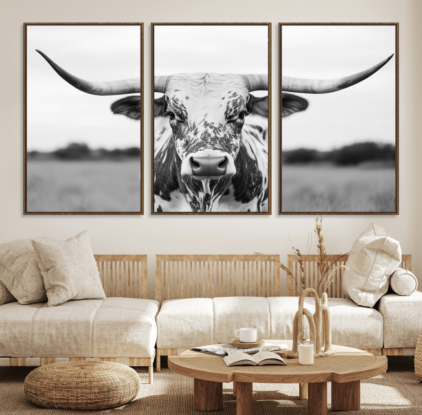 MGV-FC-60X30-3P - Highland Cow Wall Art - Black and White Western Longhorn Canvas Print - Farmhouse Living Room Decor
