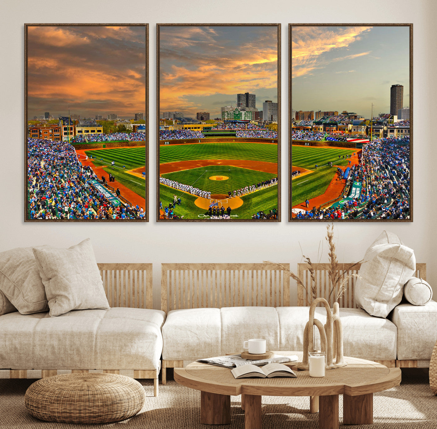 45635-MGV-FC-60X30-3P_Walnut-Chicago Wrigley Field Canvas Wall Art - Iconic Baseball Stadium Art Print - Wrigley Field Chicago