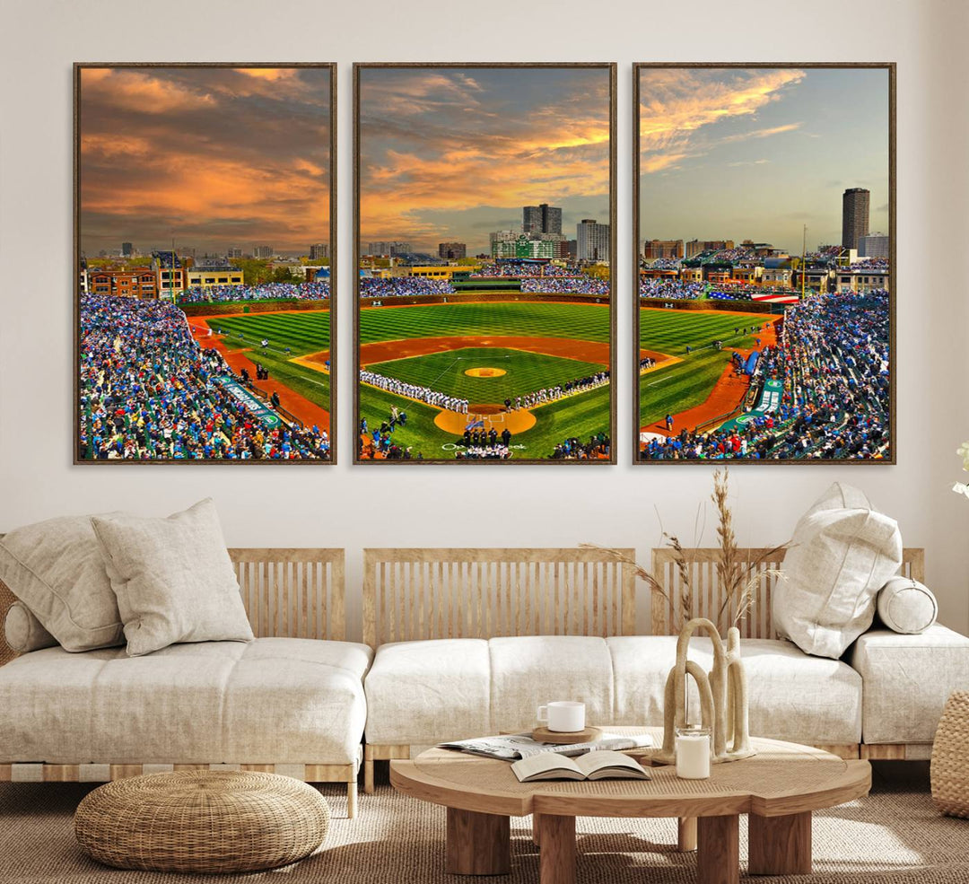 Aerial view of Wrigley Field at sunset against a vibrant sky, creating the perfect Chicago Wrigley Field Canvas Wall Art.