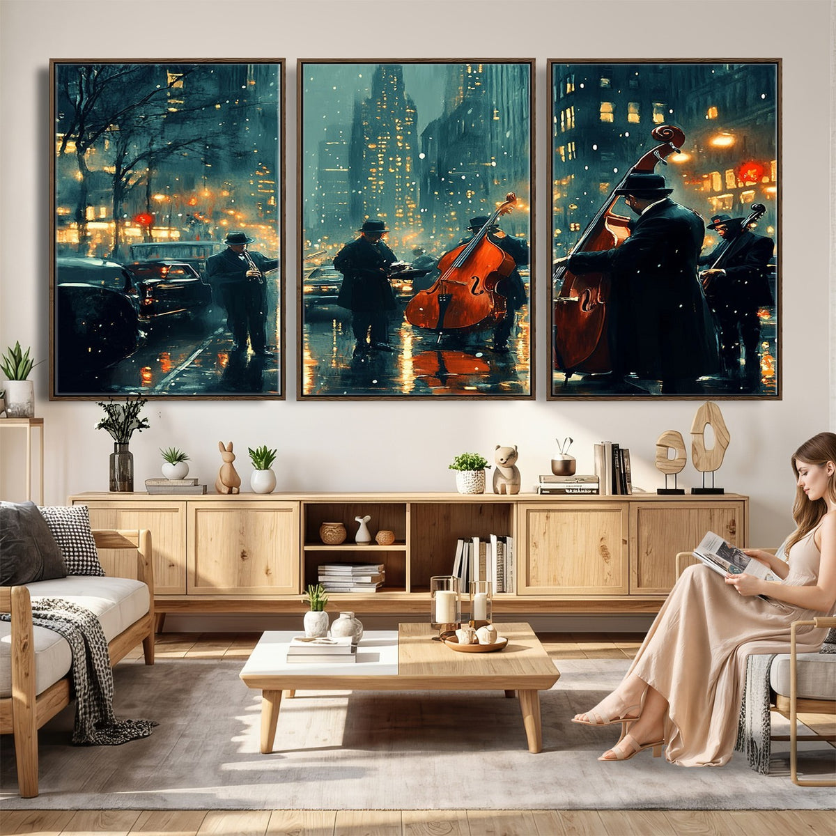 53391-MGV-CV-24X16 - Urban Night Jazz Wall Art Canvas Print | Moody Rain Soaked City Street Band Scene