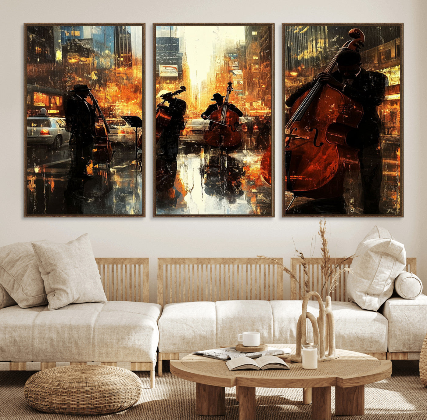 22398-MGV-FC-60X30-3P_Walnut-African American Abstract Jazz Wall Art - Framed Abstract Music Canvas - Colorful Instrument Canvsa