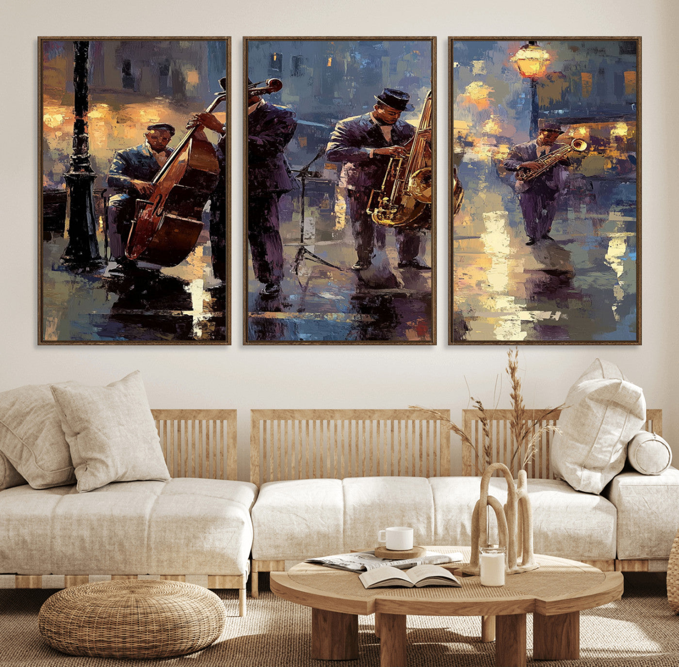 79232-MGV-FC-60X30-3P_Walnut-Afro Abstract Jazz Music Canvas Print - African American Wall Art - Colorful Framed Afro Abstract