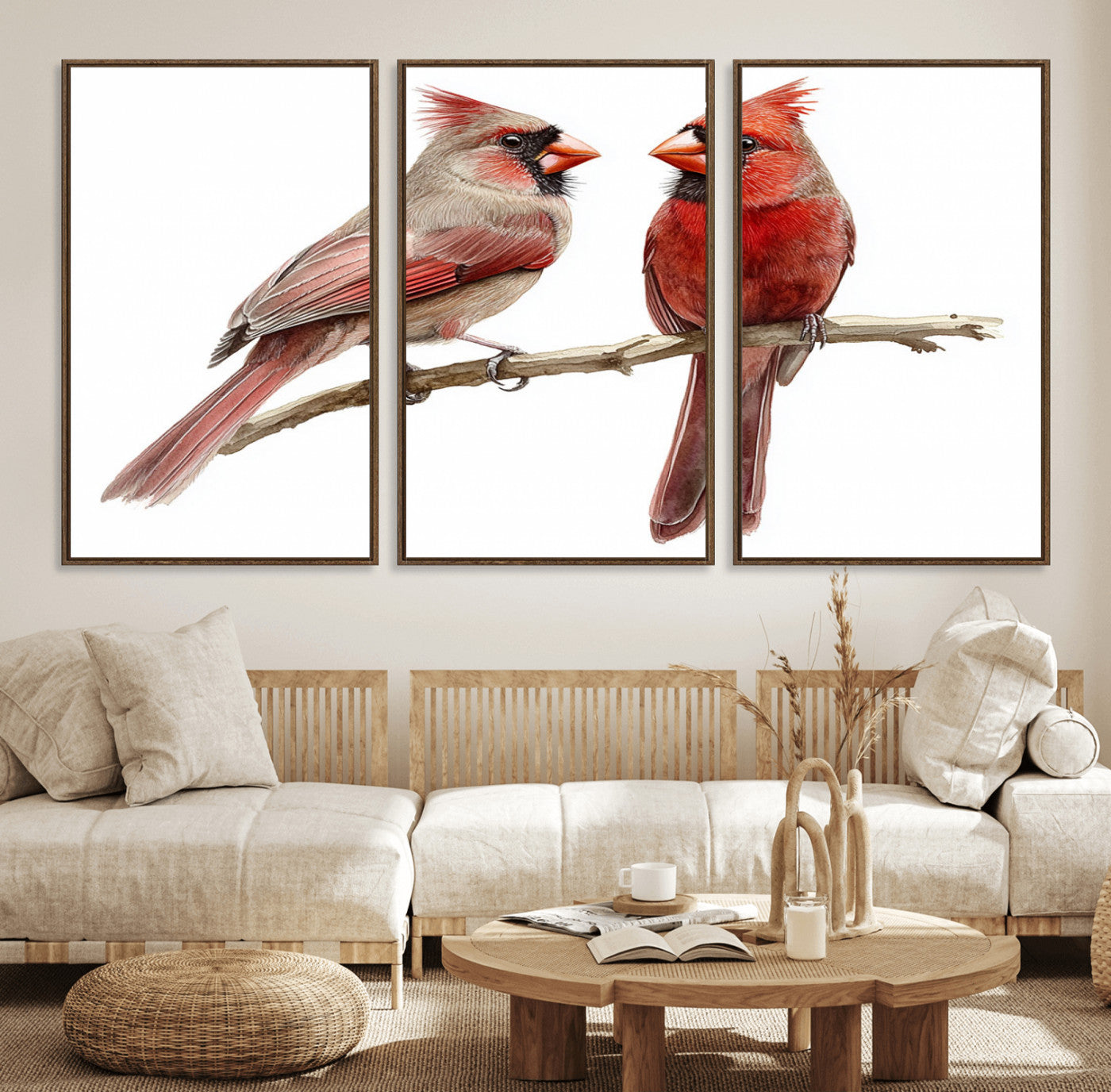 72606-MGV-FC-60X30-3P_Walnut-Cardinal Bird Canvas Wall Art - Male and Female Cardinal Print - Abstract Bird Wall Decor for Home -