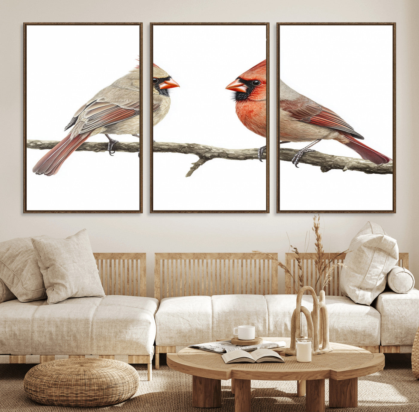 29617-MGV-FC-60X30-3P_Walnut-Cardinal Canvas Wall Art - Male and Female Cardinal Print - Nature-Inspired Bird Wall Decor for Home