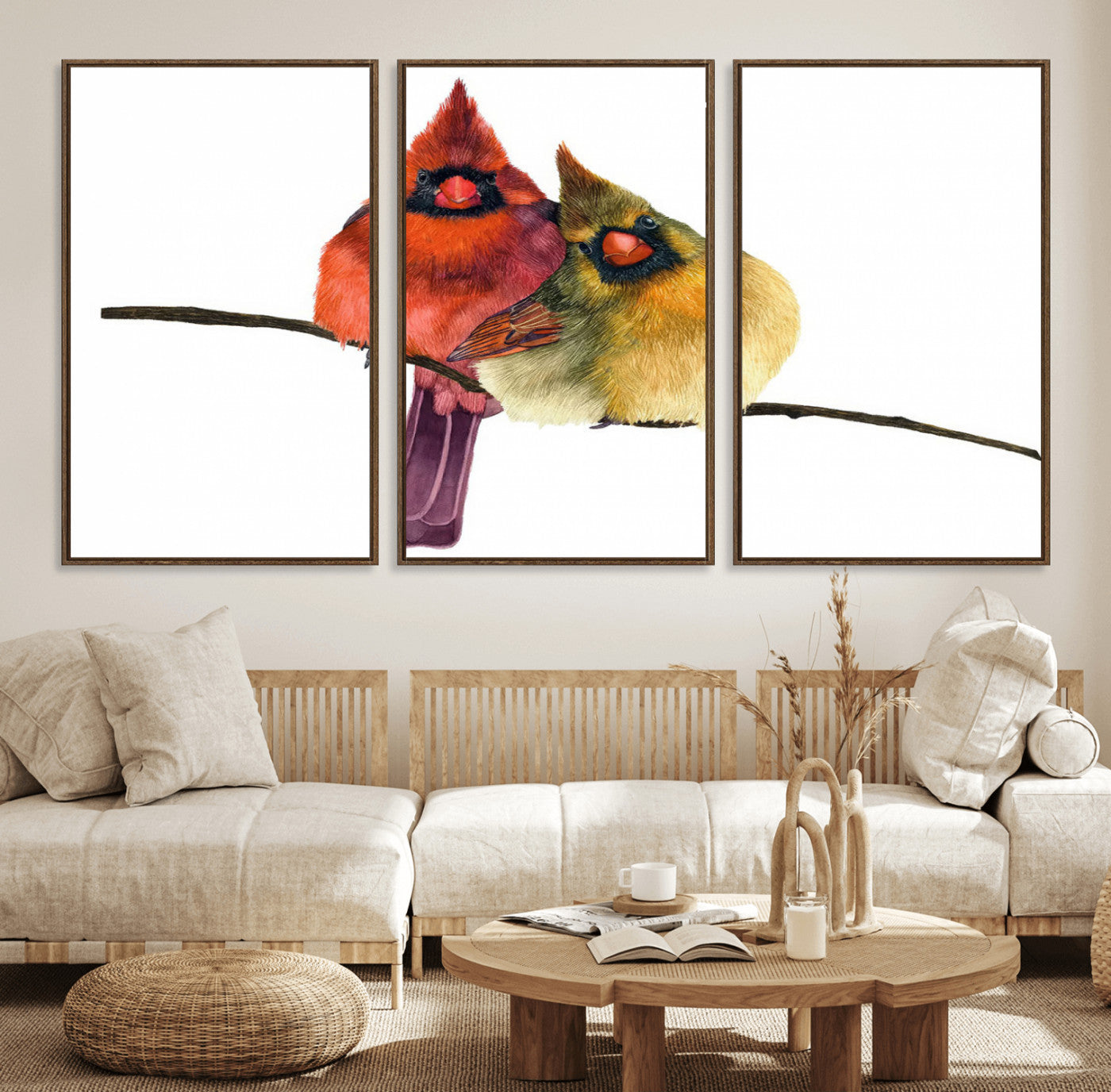 MGV-FC-60X30-3P - Cardinal Bird Canvas Wall Art - Male and Female Cardinal Print - Nature-Inspired Bird Wall Decor for