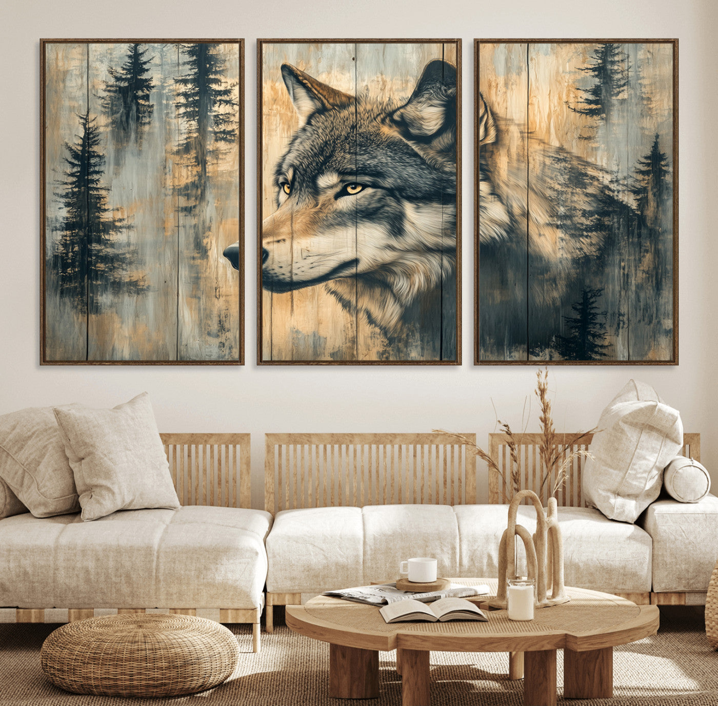 51892-MGV-FC-60X30-3P_Walnut-Wood Style Rustic Wolf Wall Art Canvas Print, Vintage Woodland Wolf Wall Art, Framed Wood Style Wolf
