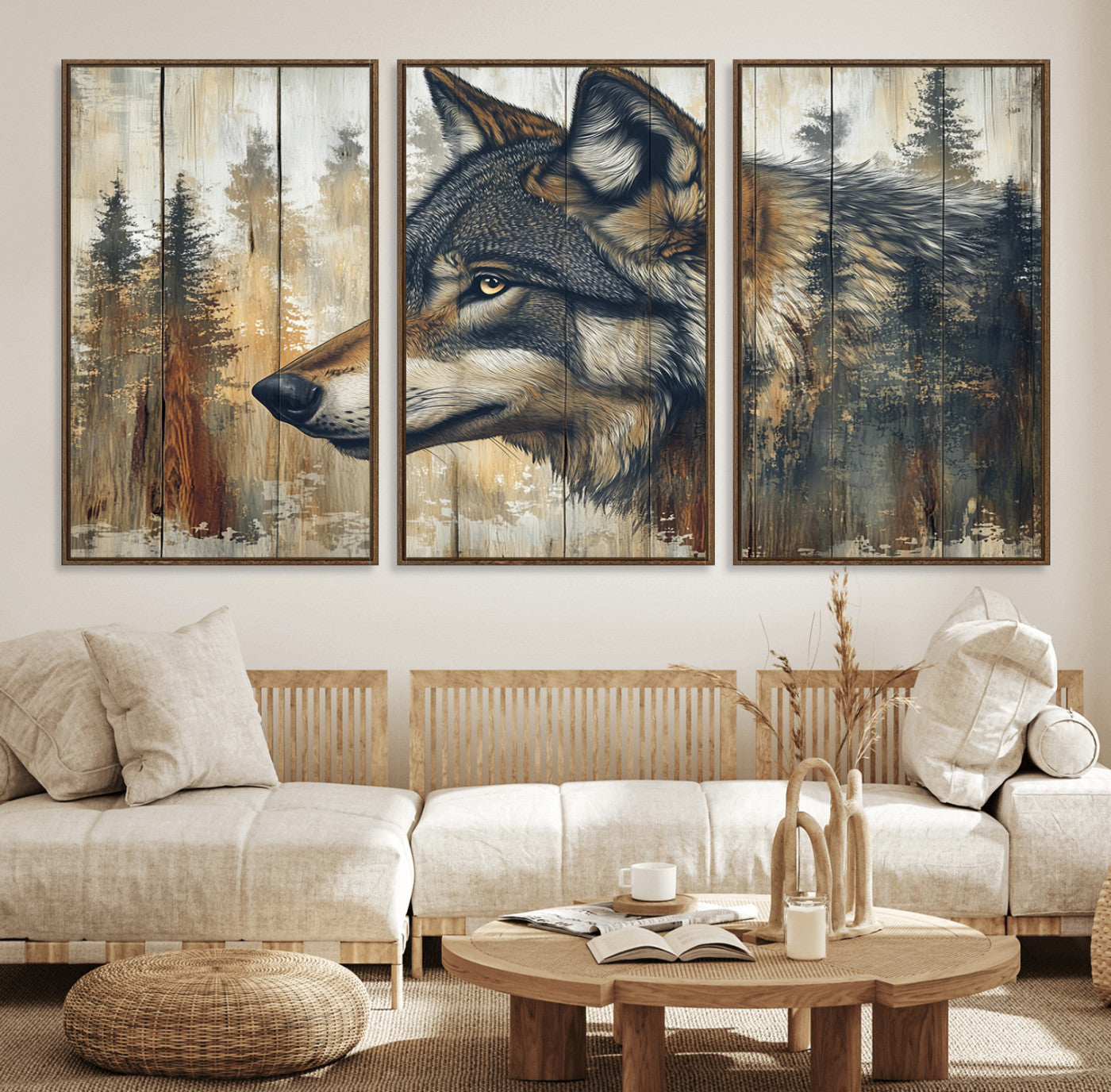 MGV-FC-60X30-3P - Rustic Wolf Wall Art Canvas Print, Vintage Woodland Wolf Wall Art