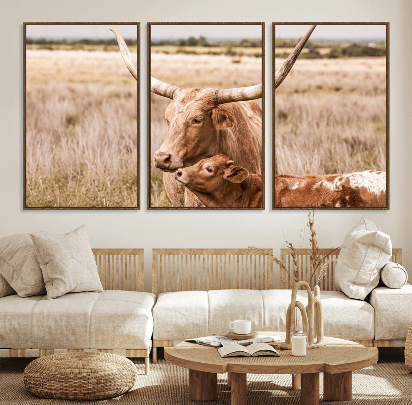 MGV-FC-60X30-3P - Texas Longhorn Cow Wall Art Canvas Print for Farmhouse Wall Art, Texas Decor, Western Wall Art Print