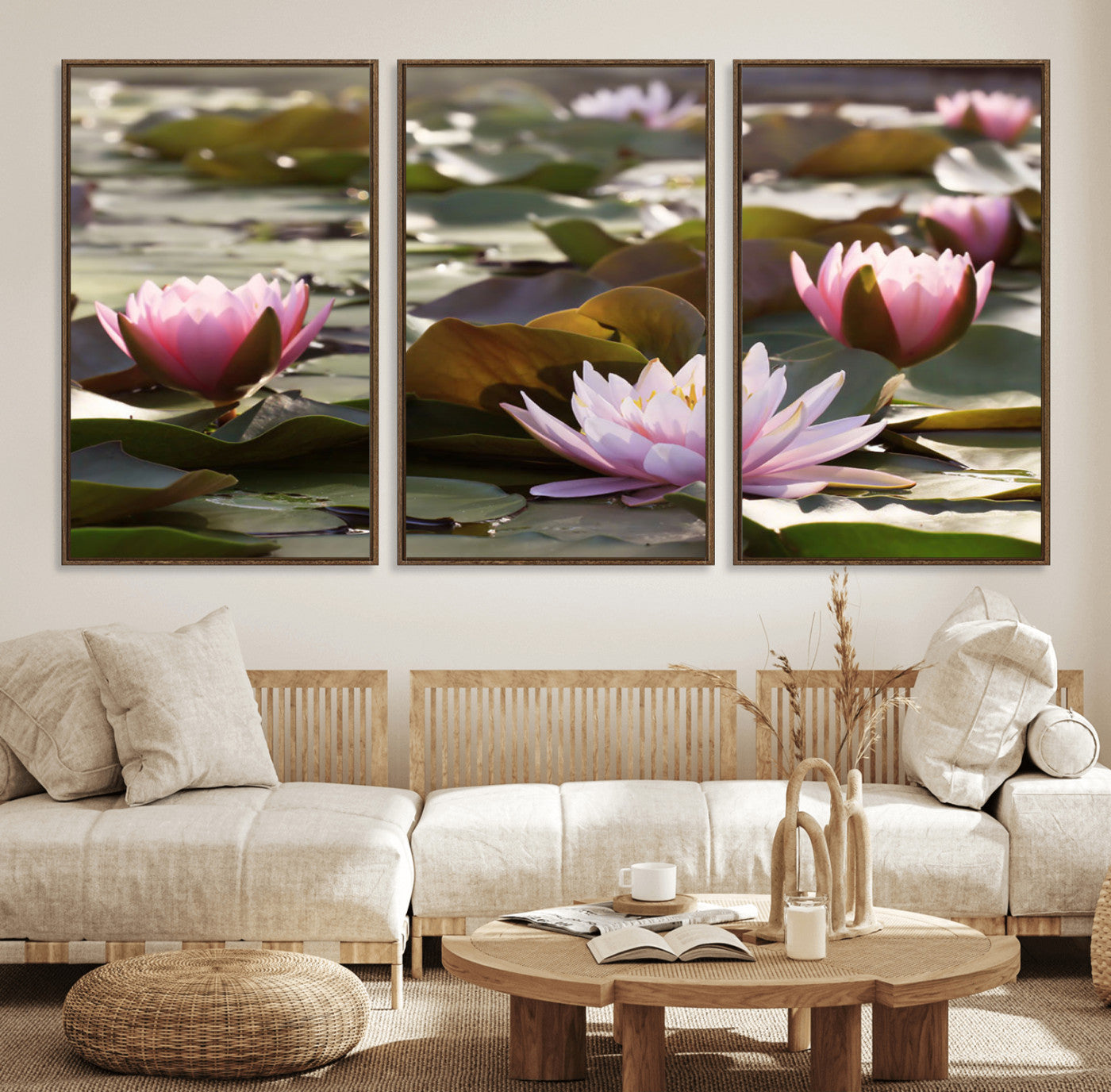 28394-MGV-FC-60X30-3P_Walnut-Lotus Flower Wall Art Canvas Print, Water Lily Large Wall Art Canvas Print for Yoga Room Decor,
