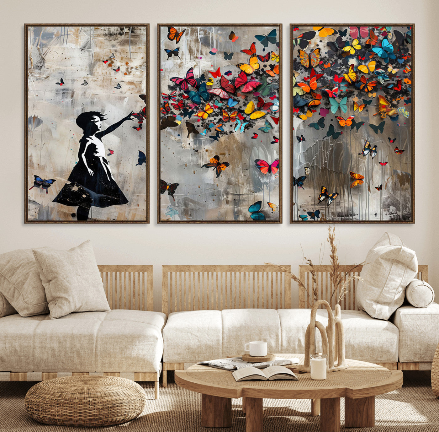 51446-MGV-FC-60X30-3P_Walnut-Banksy Butterfly Girl Wall Art – Modern Graffiti Canvas Print, Contemporary Street Art Decor for Home or Office