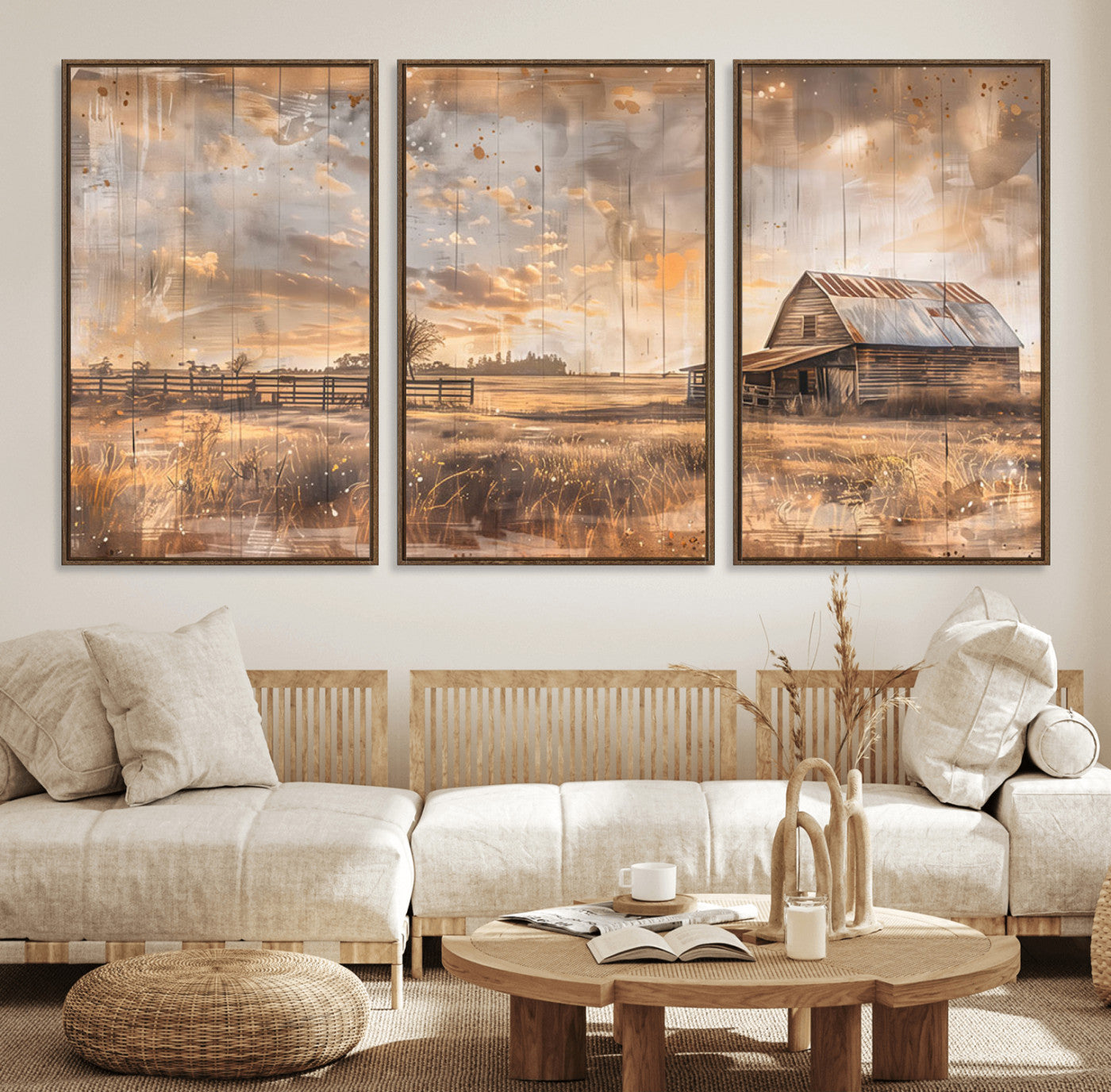 FARM2-MGV-FC-60X30-3P_Walnut-Rustic Farmhouse Wall Art Canvas Print | Barn and Field Canvas Print | Vintage Country Landscape