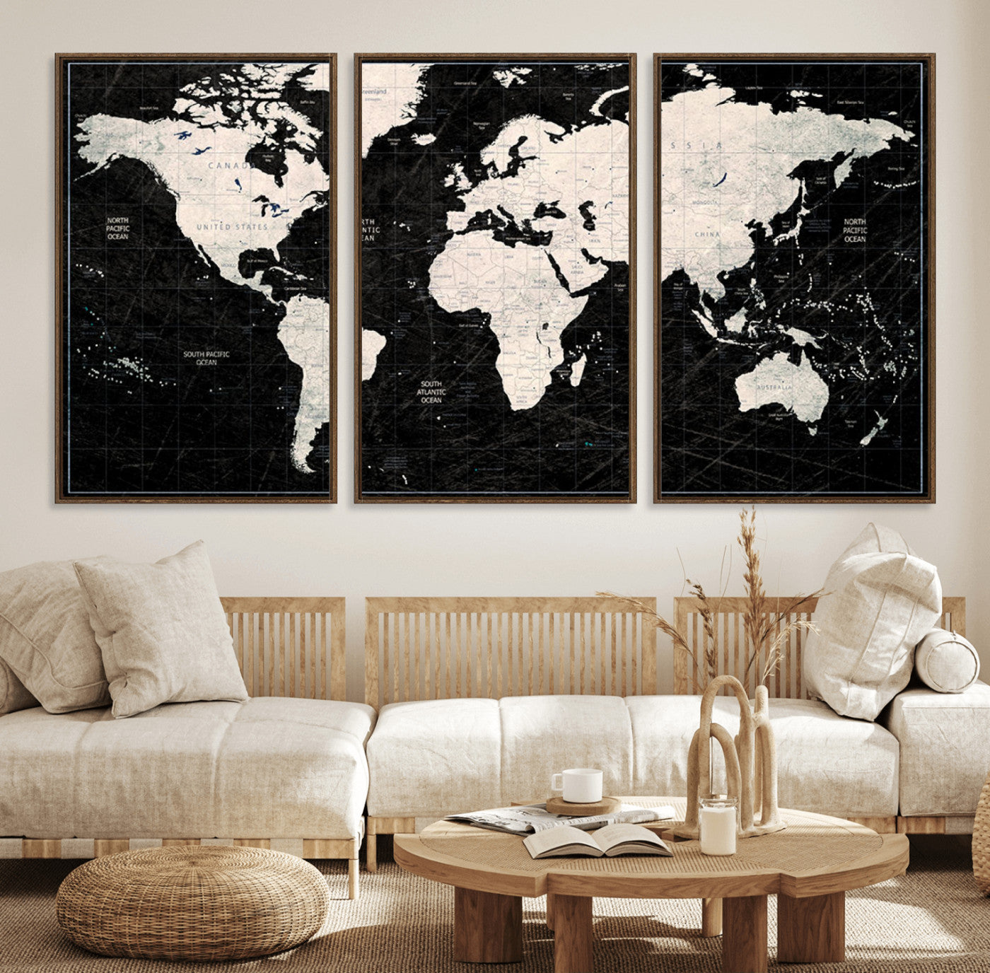N50Black-MGV-FC-60X30-3P_Walnut-Push Pin World Map Canvas Print – Framed Travel Tracker Wall Art for Couples, Anniversary Gift and Elegant Home Decor
