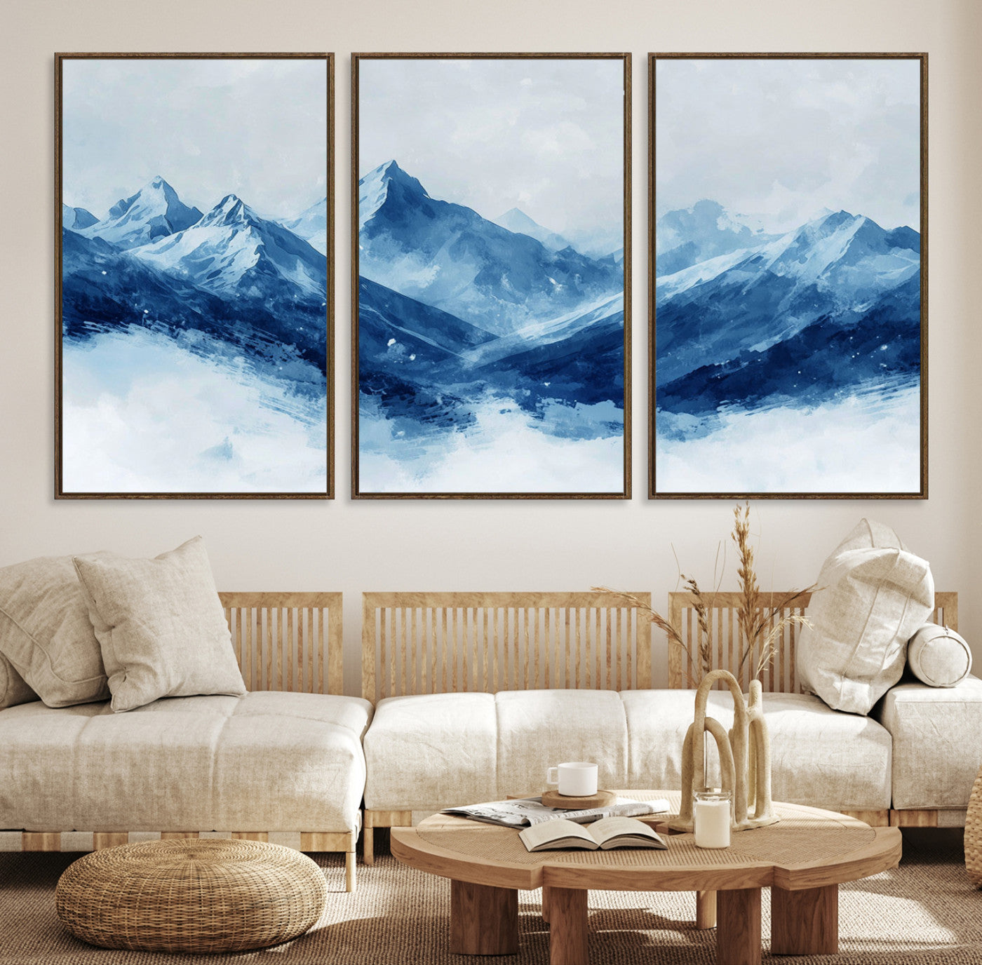 Peaceful watercolor-style painting of snowy blue mountains in soft tones, perfect for winter-themed or minimalist wall decor.