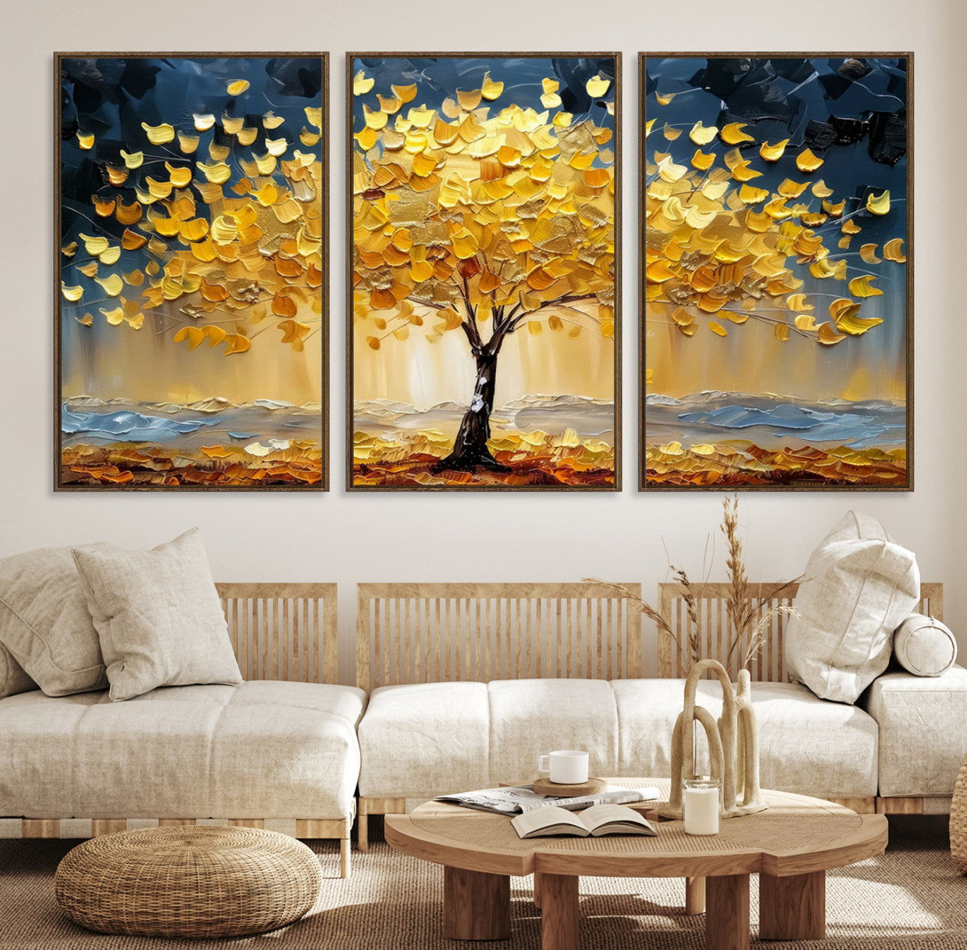 Canvas of a golden autumn tree with textured brushstrokes and moody blue skies, perfect for dramatic and vibrant home decor.
