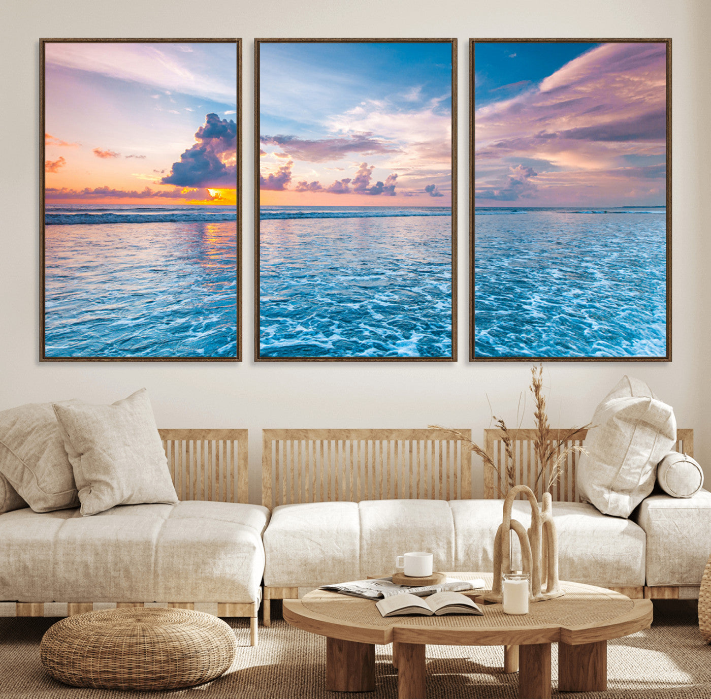 36641-MGV-FC-60X30-3P_Walnut-Ocean Sunset Canvas Wall Art Print – Tranquil Seascape Vibrant Sky Rolling Waves Coastal Artwork for Home, Office