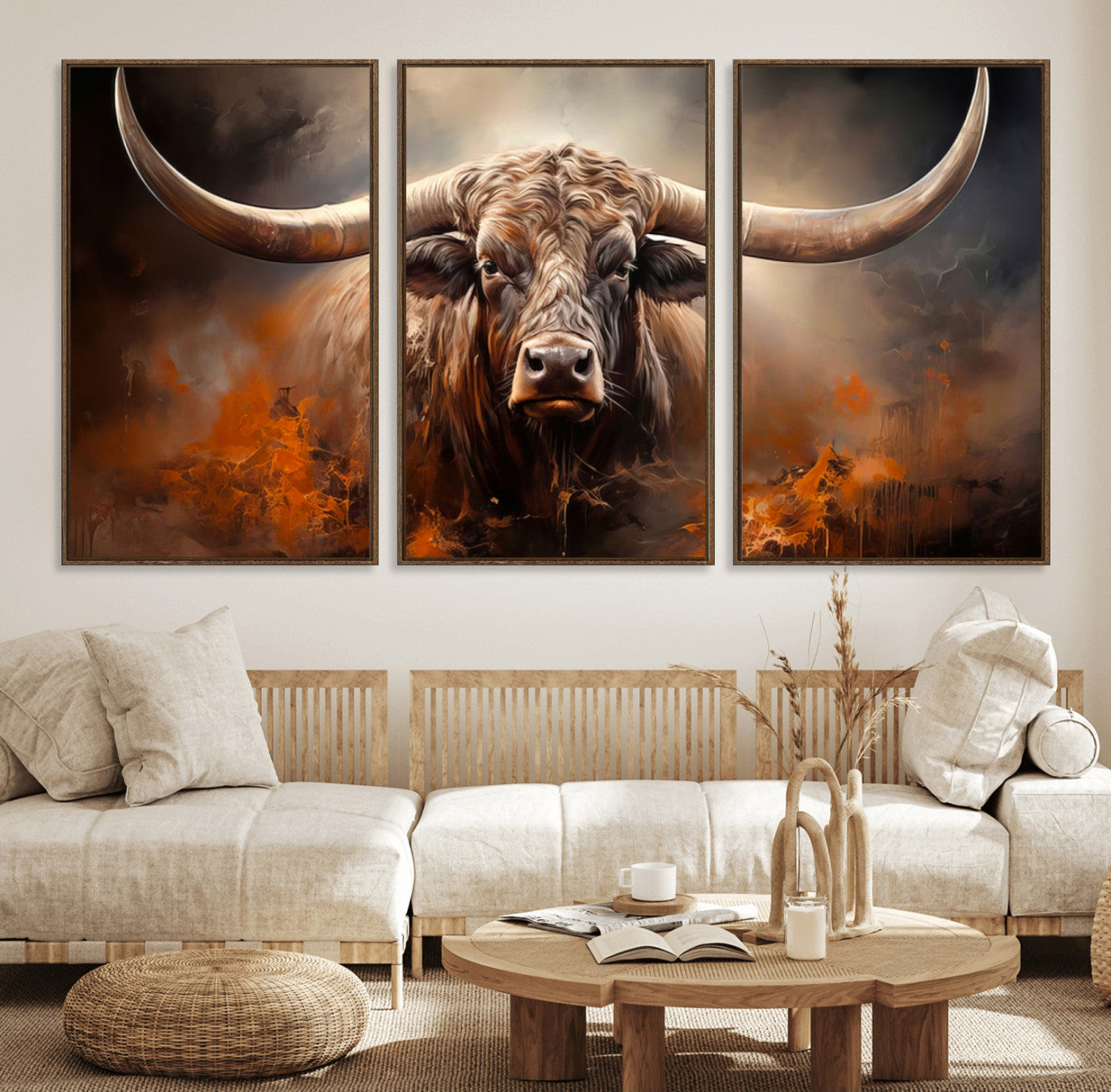 240479-MGV-FC-60X30-3P_Walnut-Highland Bull Canvas Abstract Canvas Wall Art Print – Powerful Highland Bull with Striking Horns in