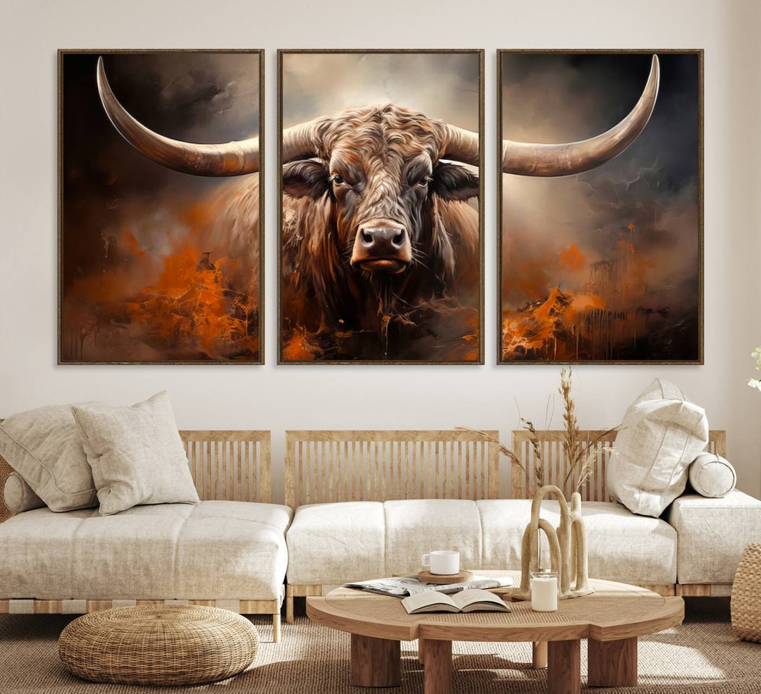 A Highland Bull with striking horns is depicted in a fiery abstract style on a ready-to-hang wall art canvas, evoking strength.