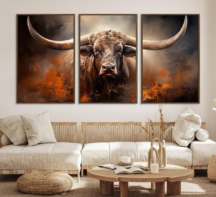 A Highland Bull with striking horns is depicted in a fiery abstract style on a ready-to-hang wall art canvas, evoking strength.