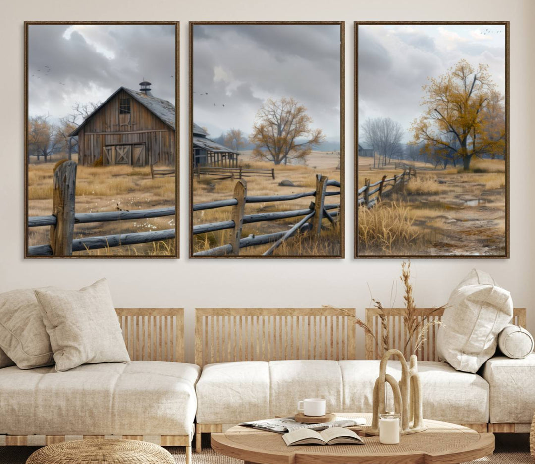 Rustic Autumn Farmhouse Wall Art – Weathered Barn & Trees Canvas Print, featuring a serene scene with birds in the sky. This piece is ready to hang.