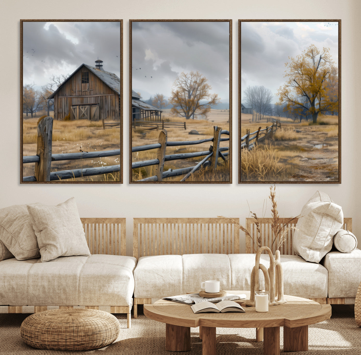 MGV-FC-60X30-3P - Rustic Autumn Farmhouse Wall Art Canvas Print – Serene Countryside Scene with Weathered Barn and