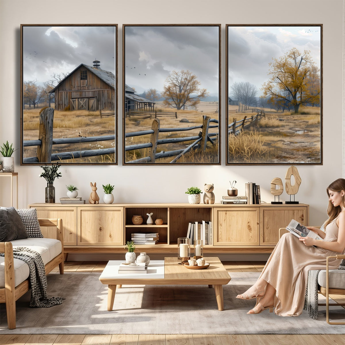 Farm1-MGV-CV-24X16 - Rustic Autumn Farmhouse Wall Art Canvas Print | Serene Countryside with Weathered Barn