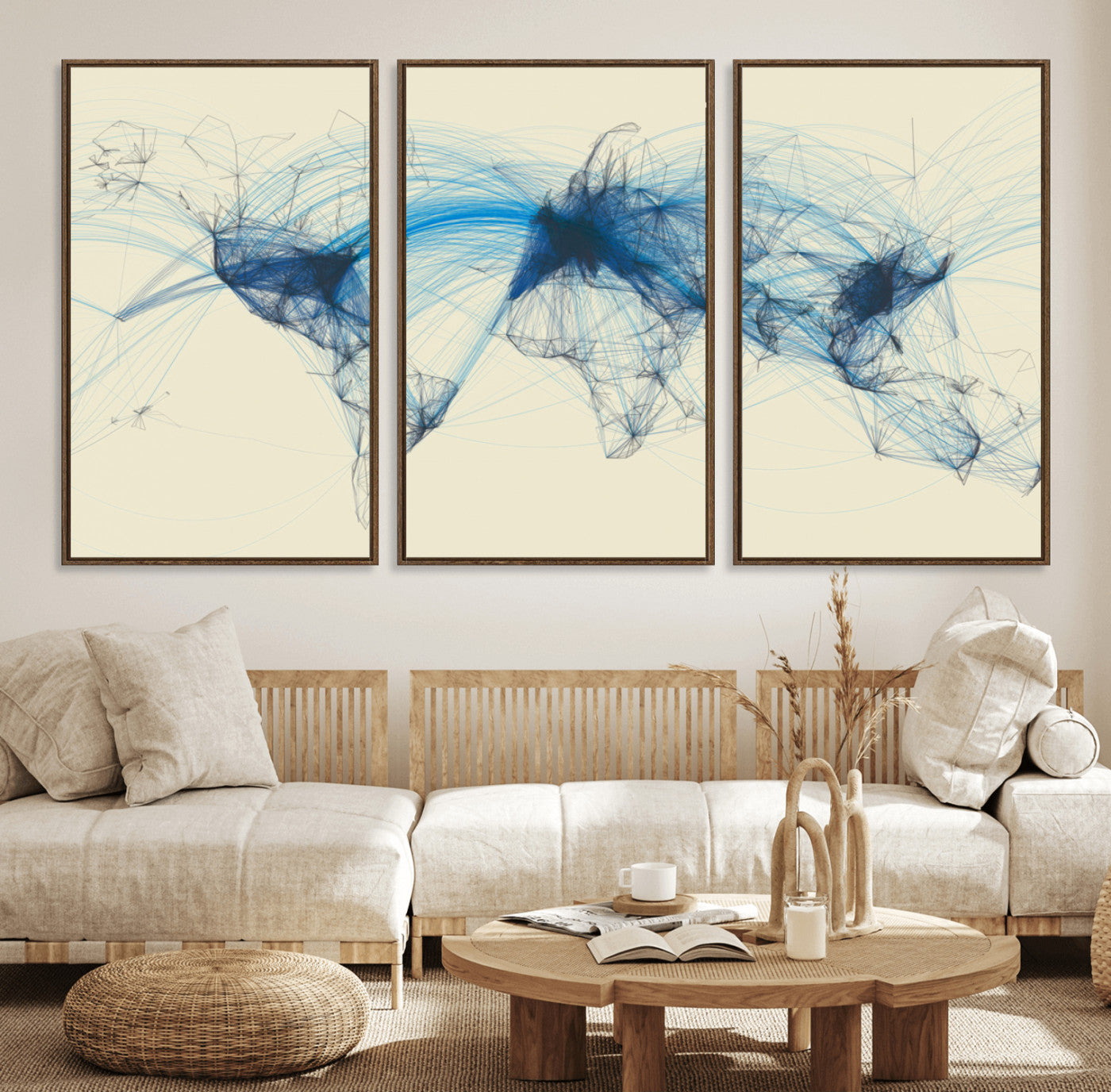Map-Blue-Contract-MGV-FC-60X30-3P_Walnut-Flight Routes Map Art – Modern Air Traffic World Map Canvas Print with Blue Connections, Framed Wall Art for Office or Home Decor