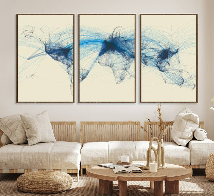 Flight Routes Map: Air Traffic Avi World Map featuring blue lines symbolizing global data. Ideal for home decor and ready to hang.