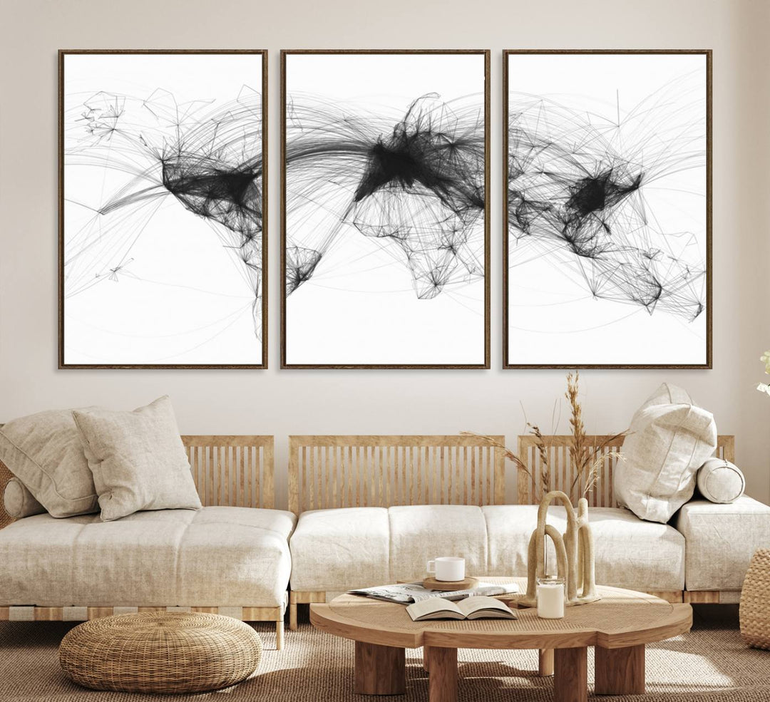 The Flight Routes Air Traffic canvas wall art, framed and ready to hang, is perfect for aviation enthusiasts.