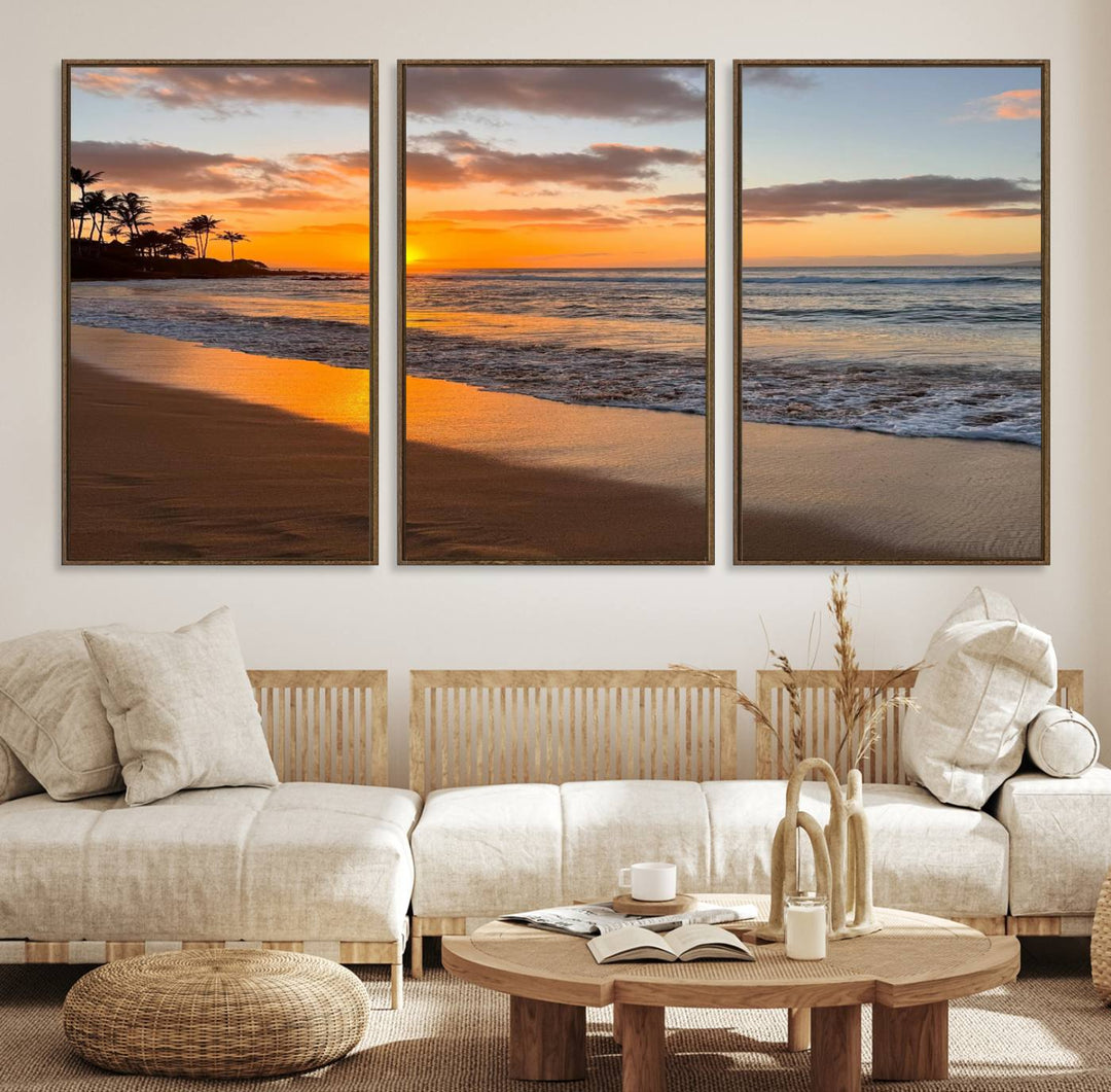 Sunset Wall Art Print featuring a beach sunset with waves and palms, perfect for coastal decor.