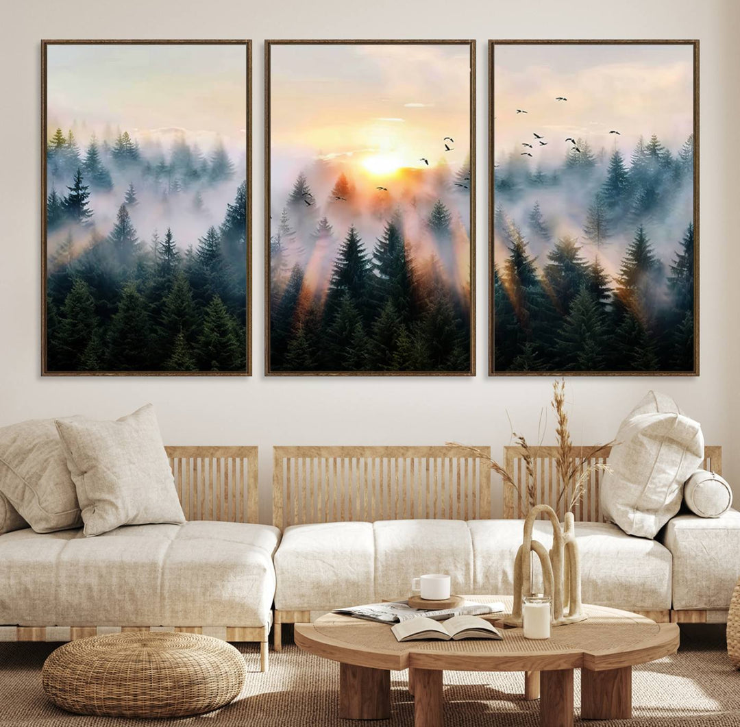 Sunrise over a misty forest with rays filtering through trees in the Abstract Forest Wall Art featuring soaring birds.