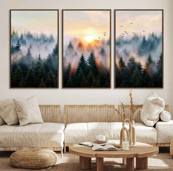 Sunrise over a misty forest with rays filtering through trees in the Abstract Forest Wall Art featuring soaring birds.