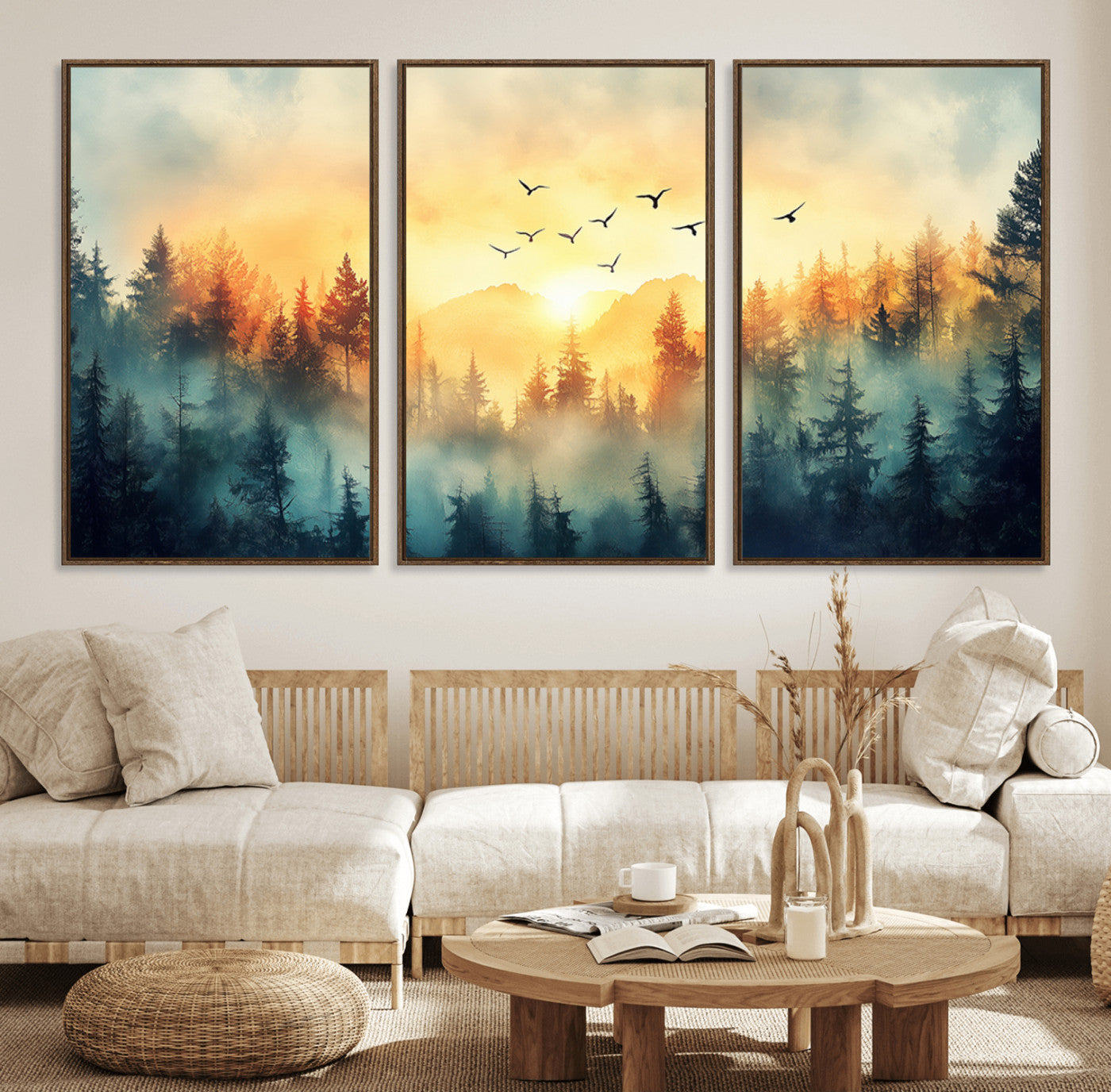 MGV-FC-60X30-3P - Abstract Forest Wall Art Print- Serene Nature Canvas Print with Misty Forest Design for Modern Home