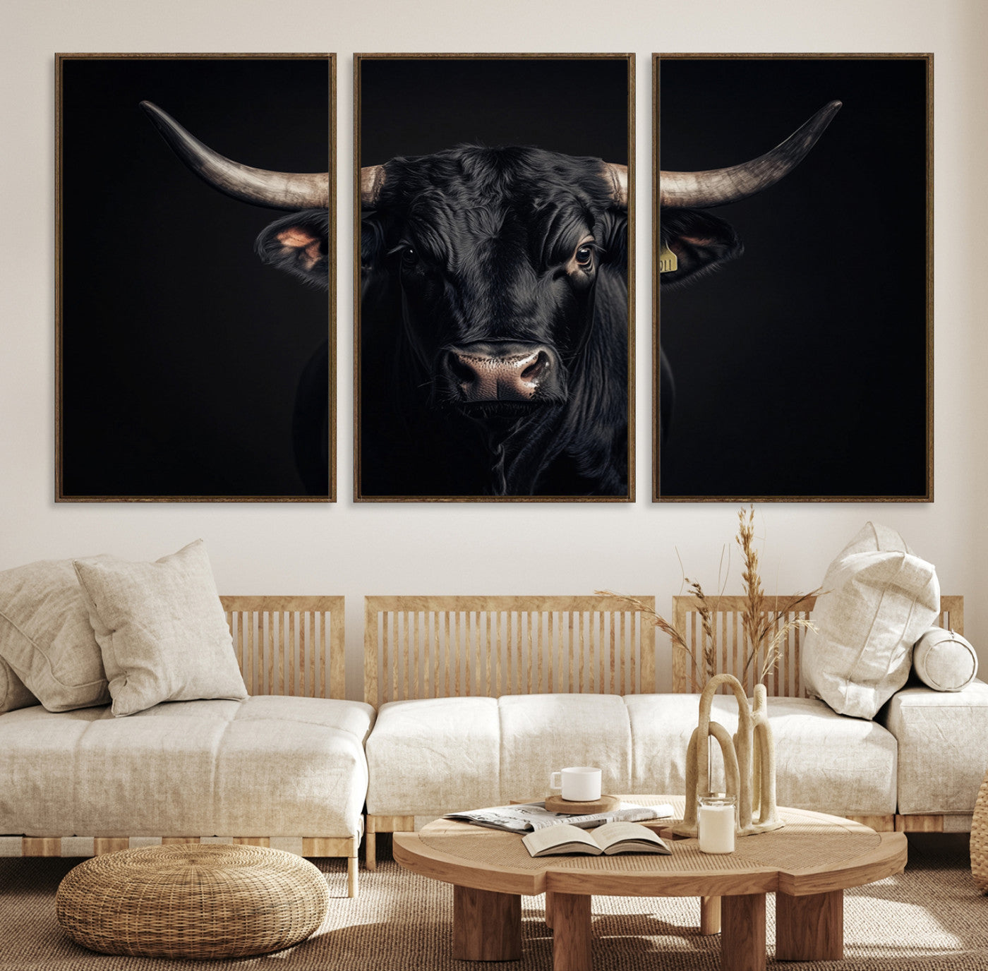 Canvas featuring a black horned bull in moody lighting on a dark background, perfect for western or rustic farmhouse-style home decor.