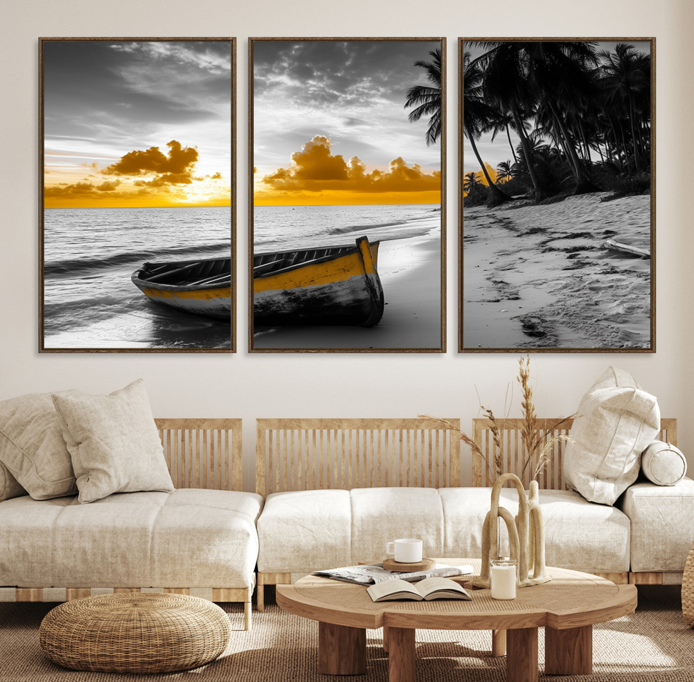 Canvas of a yellow rowboat on a black and white tropical beach with golden sunset sky, ideal for coastal or tropical-themed home decor.