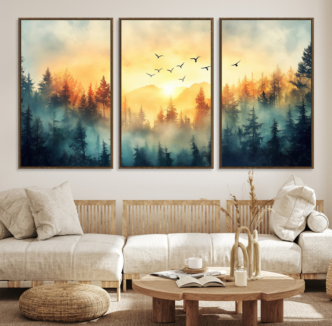 Canvas of a misty pine forest at sunrise with golden light and birds flying across the sky, perfect for tranquil nature-themed wall decor.