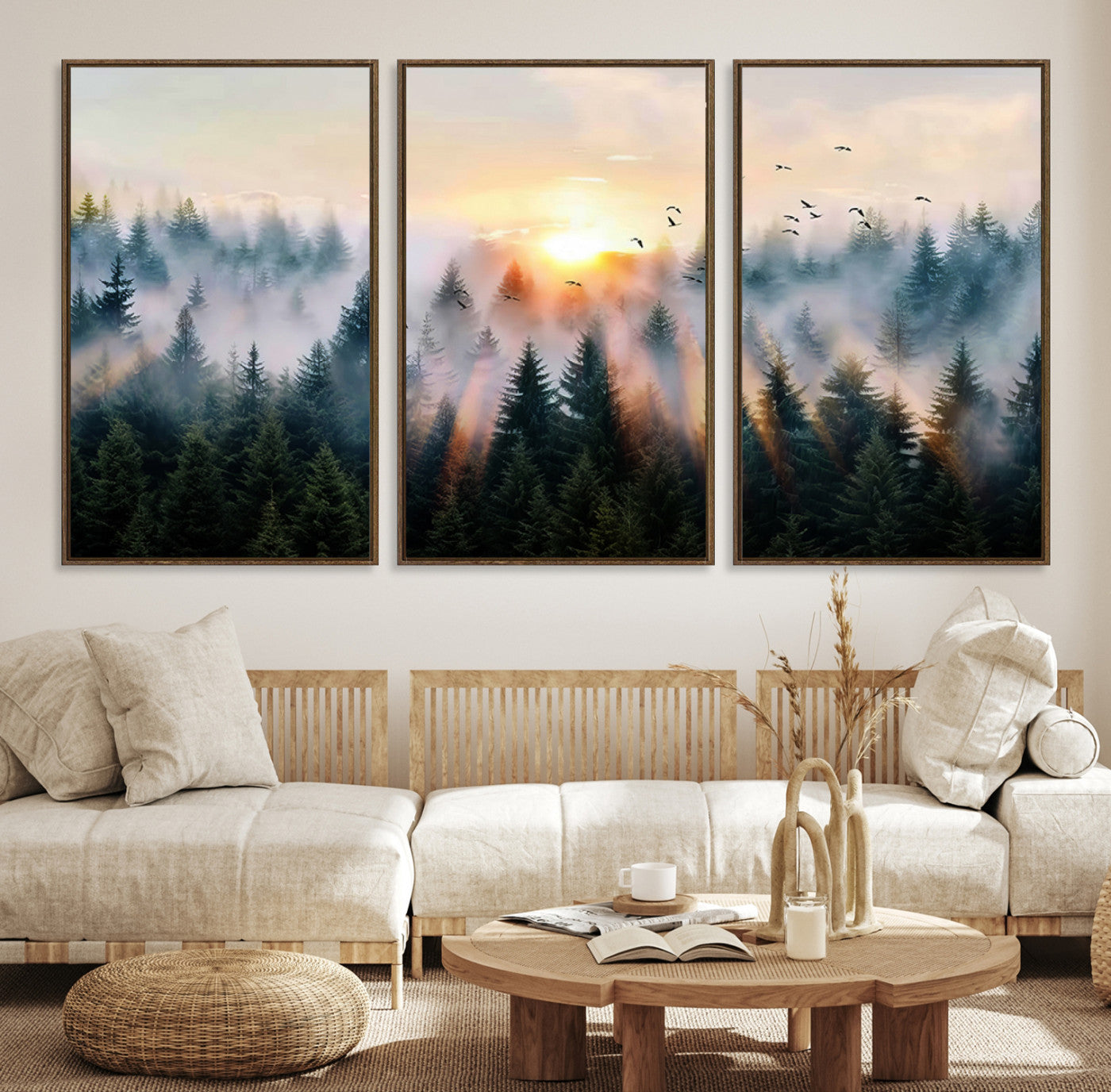 Canvas of a misty pine forest at sunrise with birds flying through golden morning rays, perfect for serene and moody woodland-style home decor.