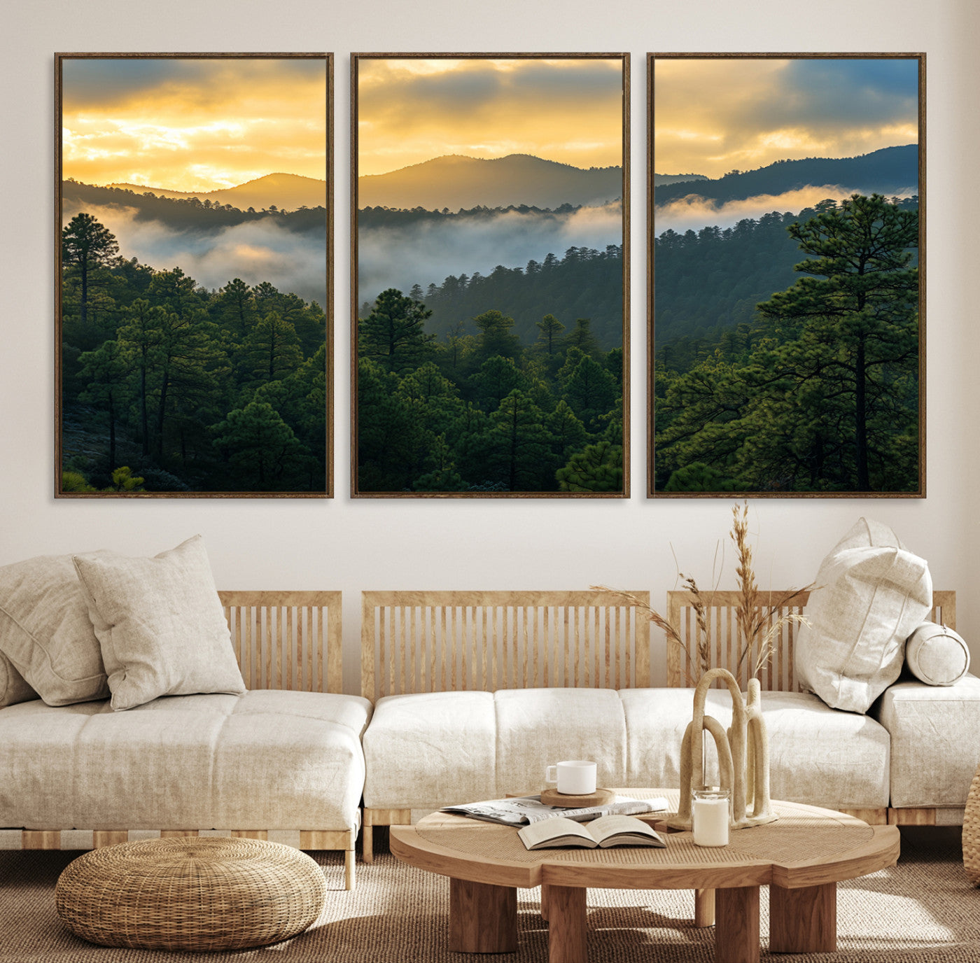 Canvas of misty pine-covered mountains at sunrise, featuring golden light and fog layers, ideal for tranquil earthy home decor.