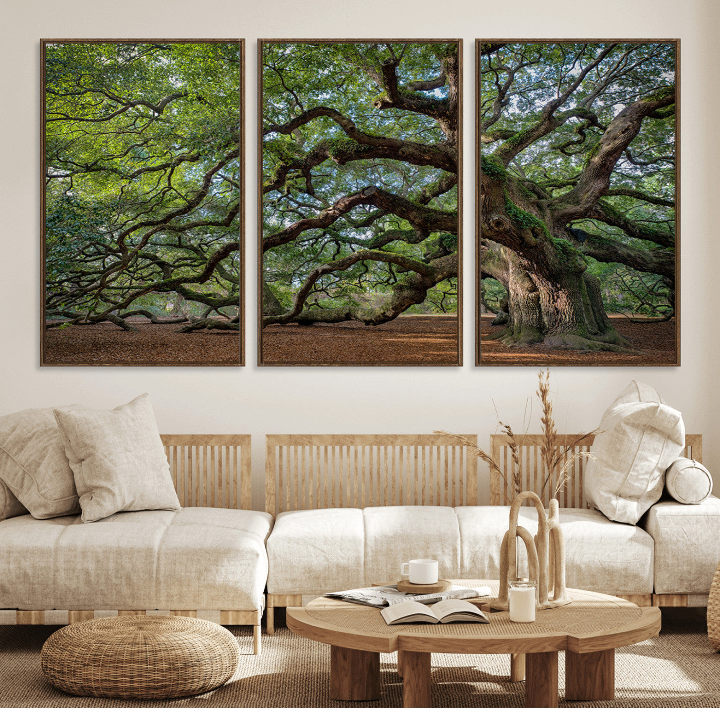 94886260-MGV-FC-60X30-3P_Walnut-Historic Tree Wall Art – Framed Mossy Branch Canvas Artwork, Twisted Woodland Design, Rustic Nature Decor for Home, Office