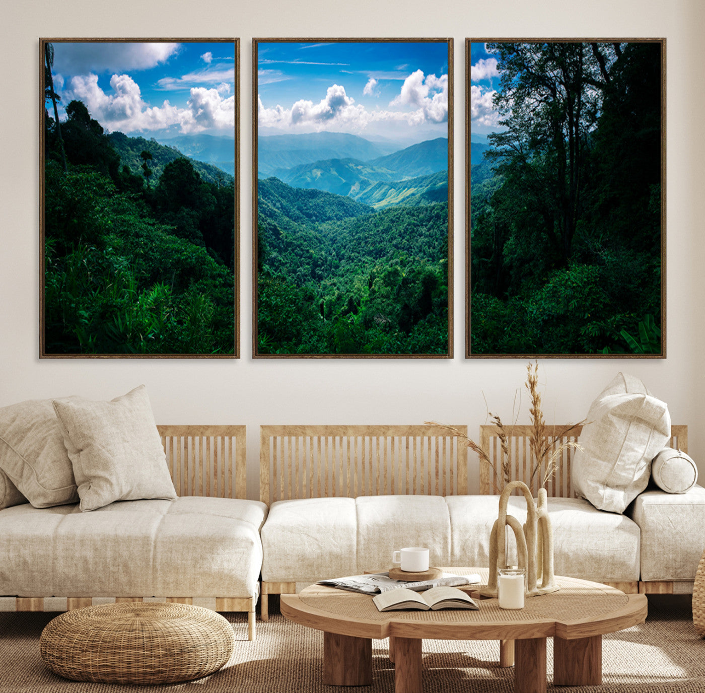 Canvas of a misty tropical jungle with vibrant greenery and layered blue mountains, ideal for exotic nature-themed wall décor.