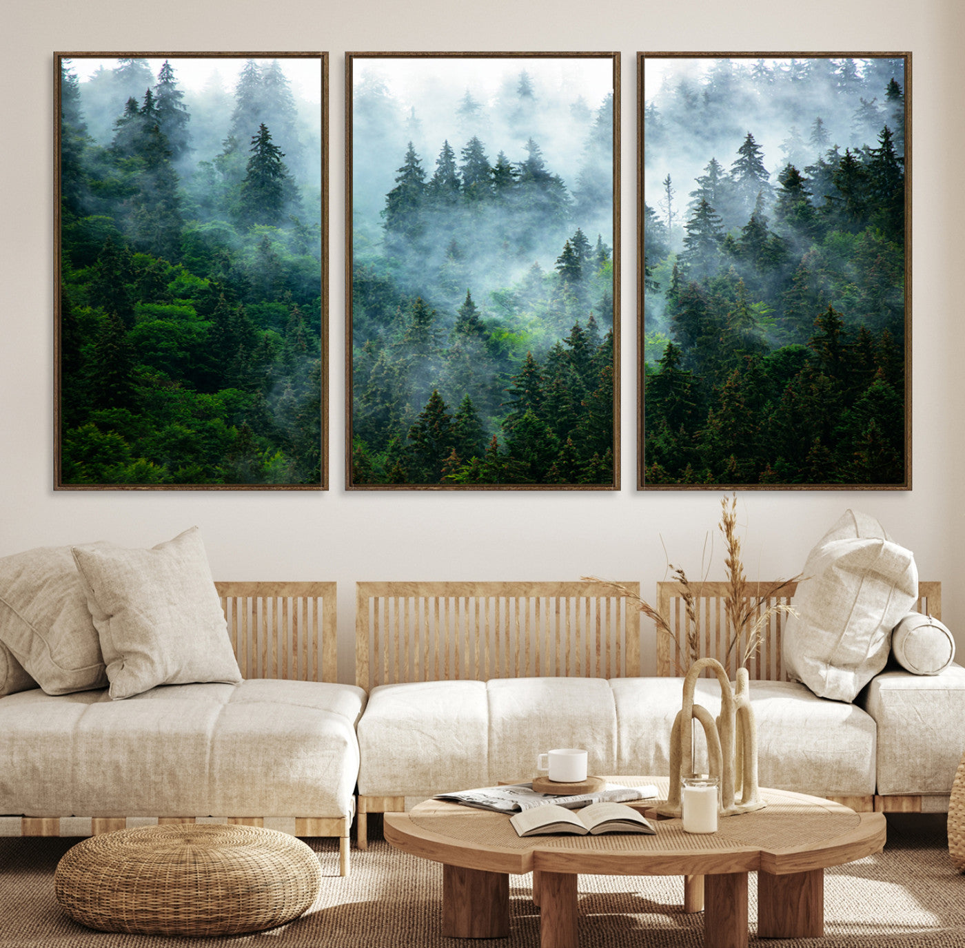 17393683-MGV-CV-48X32-3P-Misty Forest Wall Art Canvas Print – Framed Foggy Mountain Landscape Artwork, Serene Scenic Decor for Home, Office
