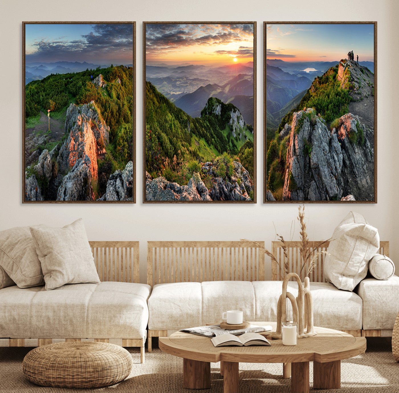 51582565-MGV-FC-60X30-3P_Walnut-Mountain Sunset Panoramic Wall Art Canvas Print – Framed Scenic Wilderness Scene with Majestic Summit Artwork for Home, Office