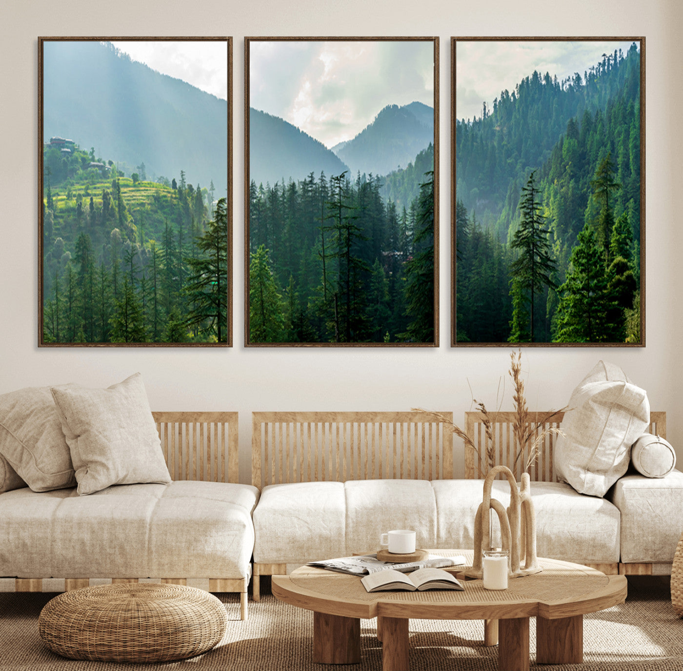 83417191-MGV-FC-60X30-3P_Walnut-Misty Forest Mountain Wall Art Canvas Print – Framed Serene Nature Scene with Tranquil Valley Artwork for Home, Office