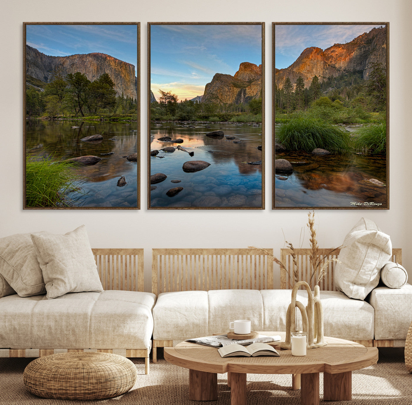 Canvas of Yosemite Valley with El Capitan and sunset reflections in a calm river, perfect for rustic or nature-themed décor.